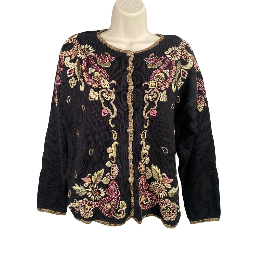 Vintage Heirloom Collectibles Cardigan Large‎ 90s Embroidered Floral Grandma